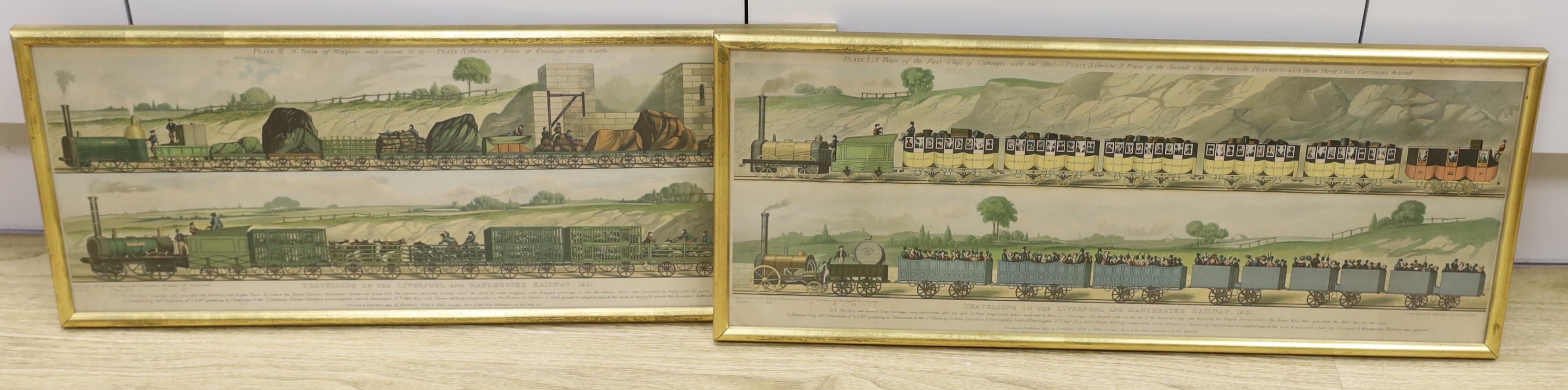 A pair of 19th century railway interest chromolithographs, ‘Travelling on the Liverpool and Manchester Railway, 1831’, publ. 1894 by Raphael Tuck & Sons, 24.5 x 64cm